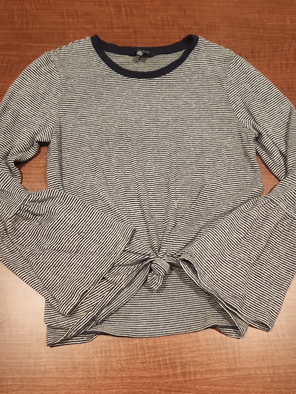 Lucky Brand Navy and White Striped Long-Sleeve Knot Front Top
